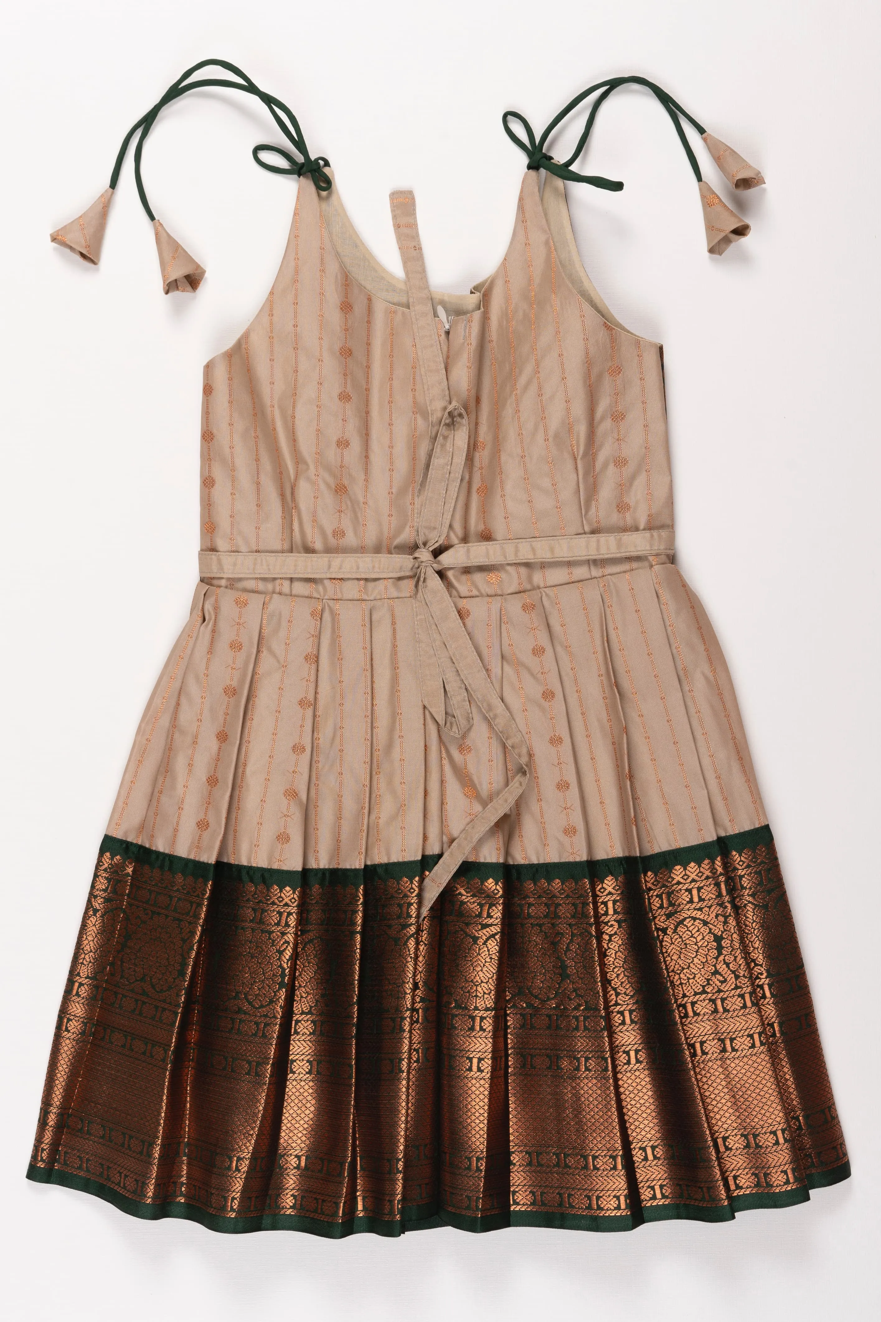 Elegant Beige and Green Silk Tie-up Frock for Girls