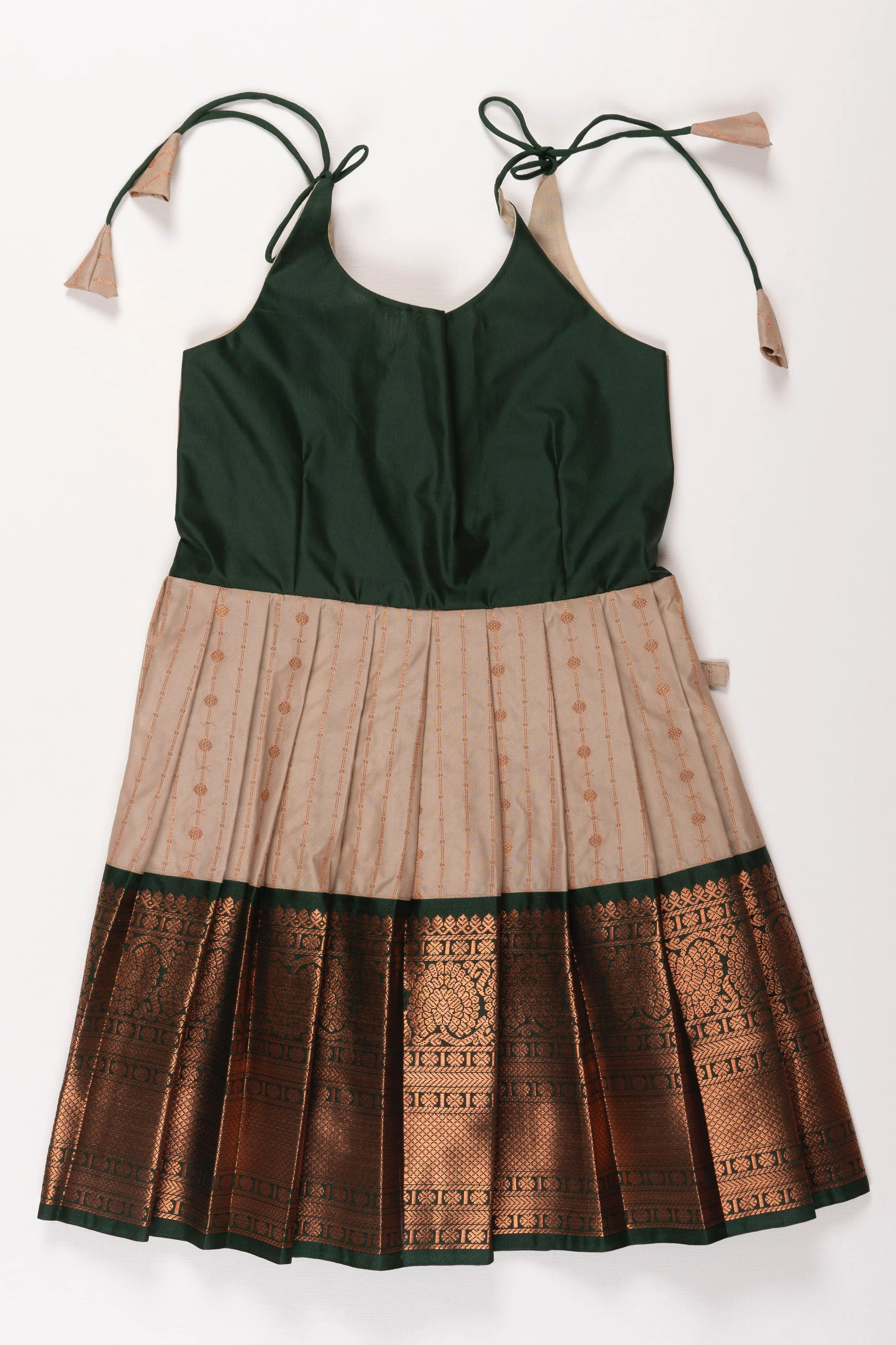 Elegant Beige and Green Silk Tie-up Frock for Girls