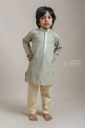 Elegant Green Baroque Embroiderd Ethnic Kurta Set For Little Boys