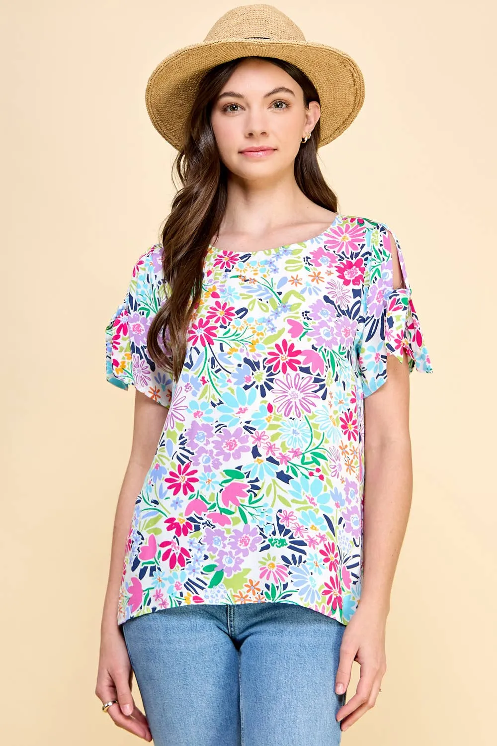 Floral Printed Top with Tied Sleeve Detail