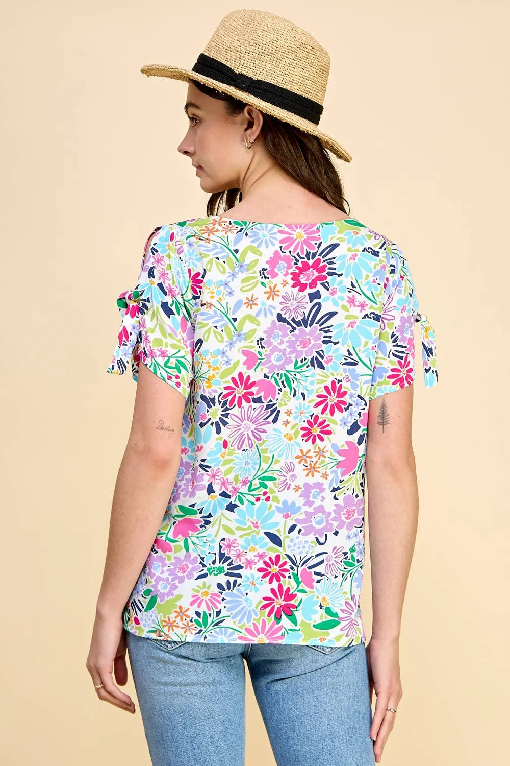 Floral Printed Top with Tied Sleeve Detail