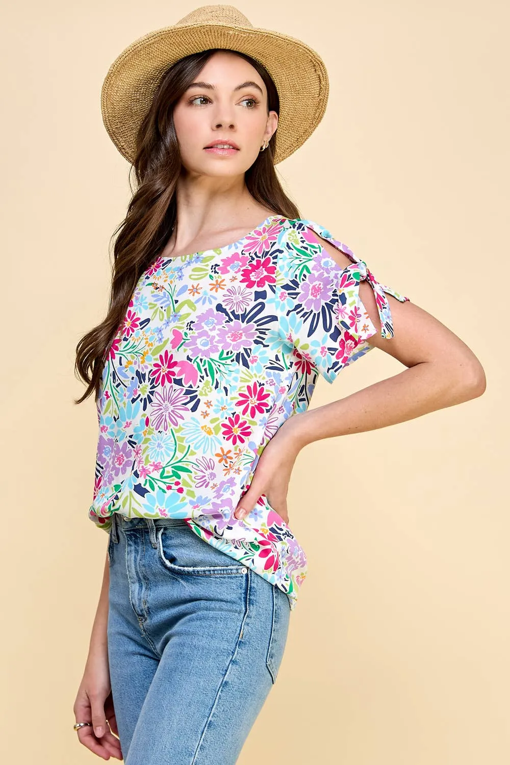 Floral Printed Top with Tied Sleeve Detail