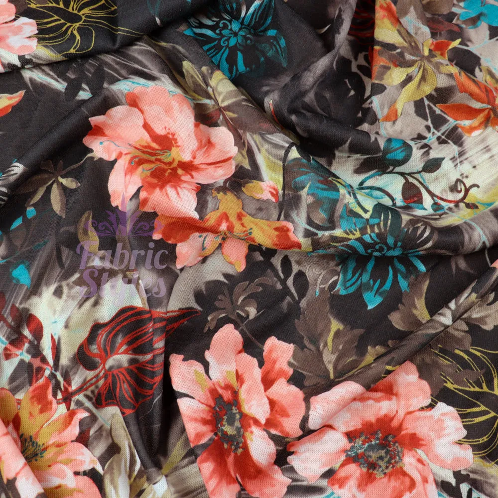 FS971 Floral Stretch Knit Fabric Brown