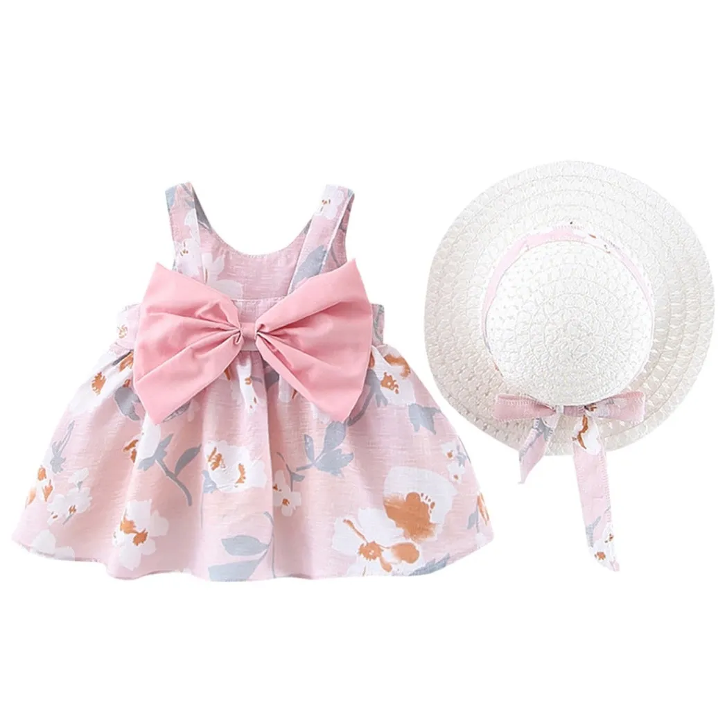 Girls Big Bow Print Dress   Hat Set