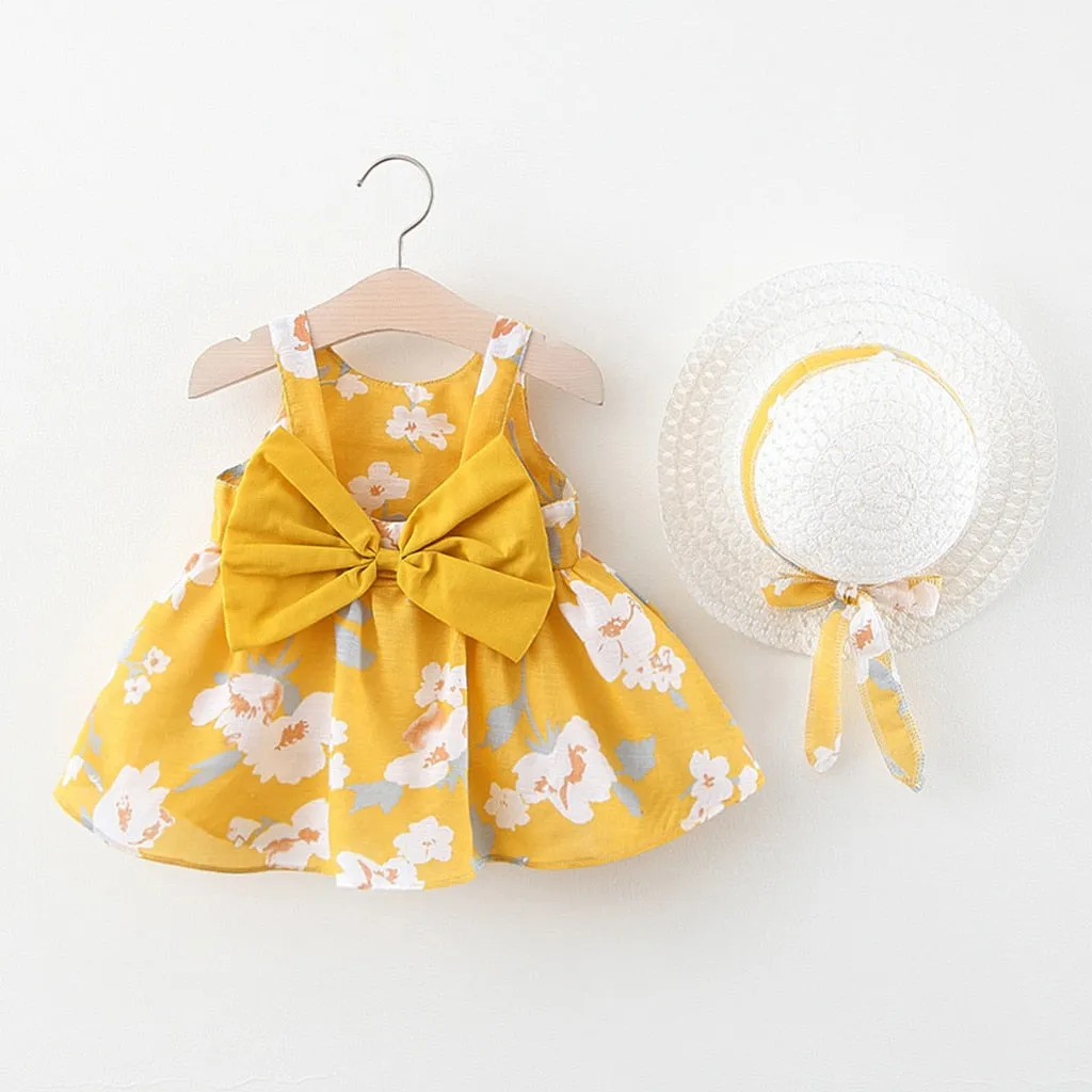 Girls Big Bow Print Dress   Hat Set