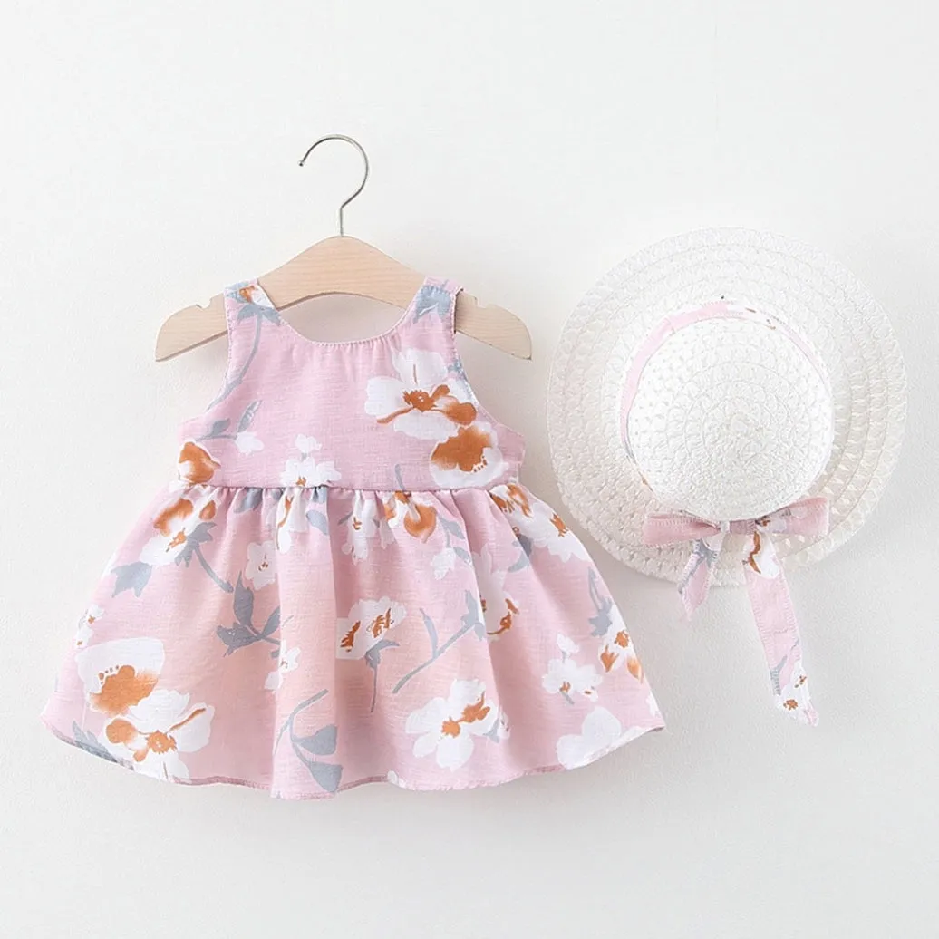 Girls Big Bow Print Dress   Hat Set