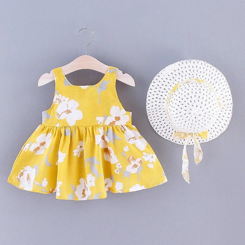 Girls Big Bow Print Dress   Hat Set