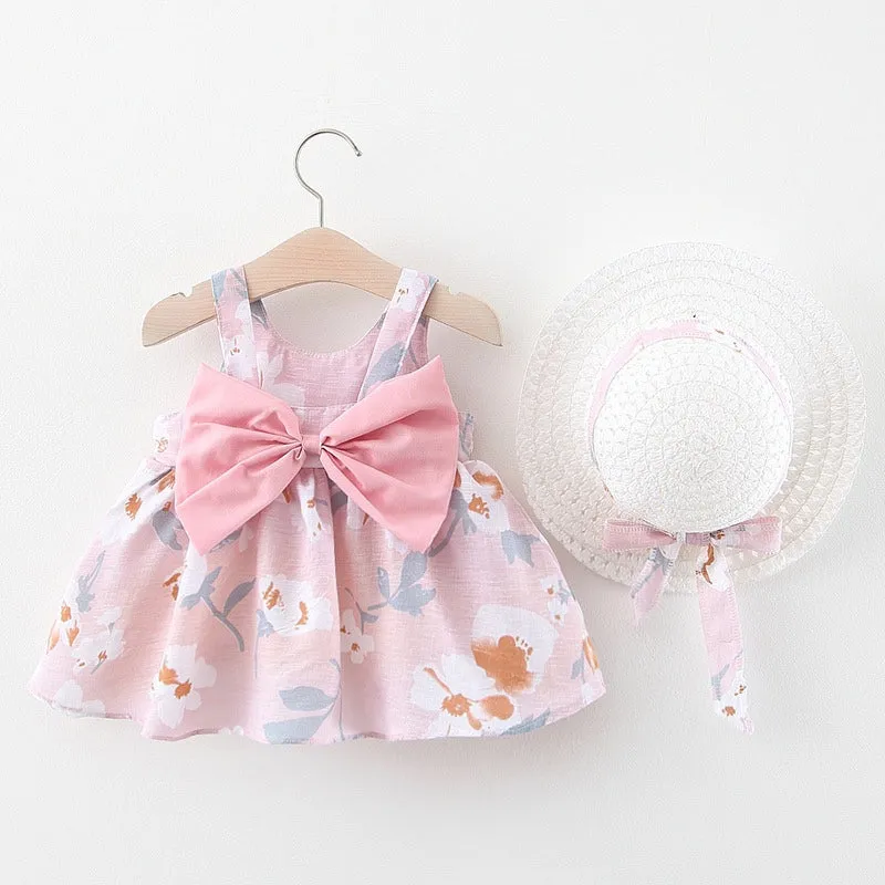 Girls Big Bow Print Dress   Hat Set