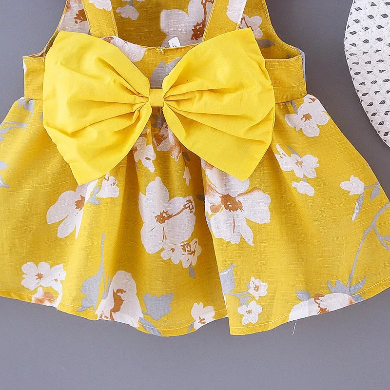 Girls Big Bow Print Dress   Hat Set