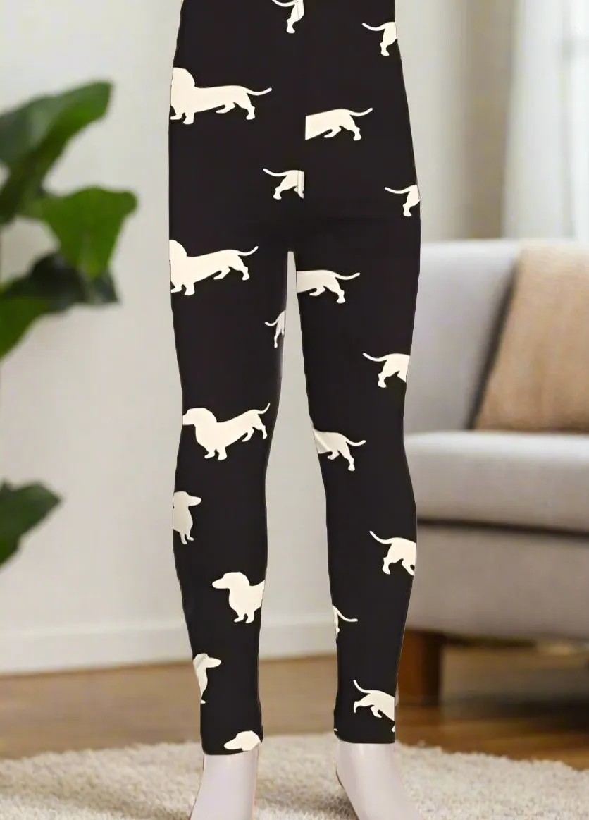 Girls Dachshund Dog Leggings, Kids Yoga Pants, Sizes S/L, No-Roll Waist, Black/White