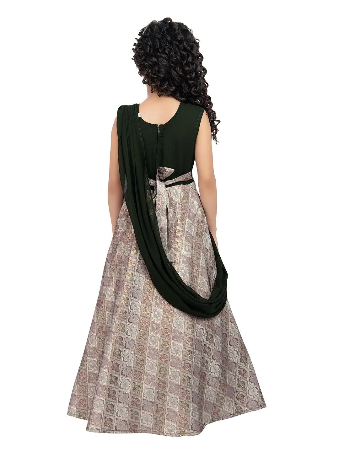 Girls Embellished Mehendi Colored Simple Jacquard Maxi Dress With Attached Dupatta