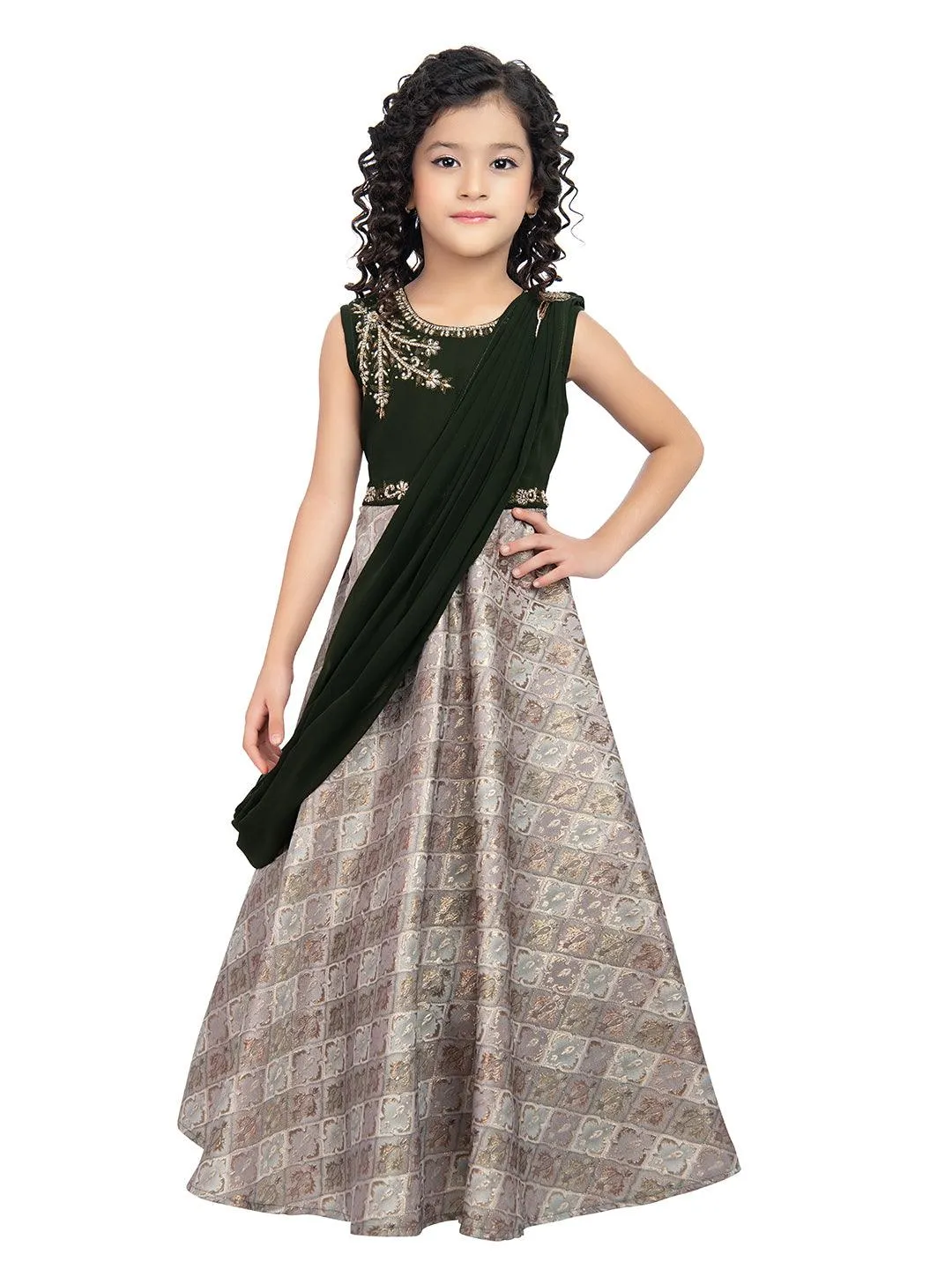 Girls Embellished Mehendi Colored Simple Jacquard Maxi Dress With Attached Dupatta