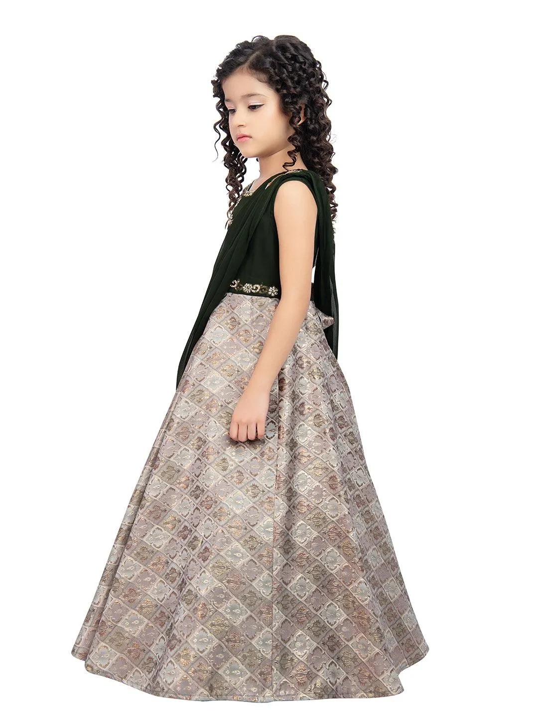 Girls Embellished Mehendi Colored Simple Jacquard Maxi Dress With Attached Dupatta