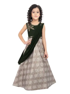 Girls Embellished Mehendi Colored Simple Jacquard Maxi Dress With Attached Dupatta