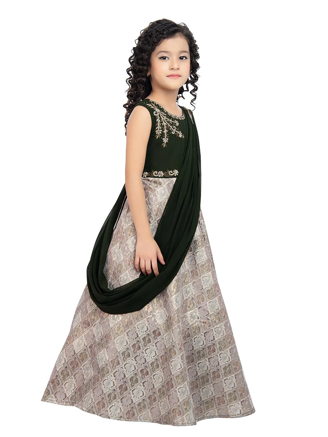 Girls Embellished Mehendi Colored Simple Jacquard Maxi Dress With Attached Dupatta