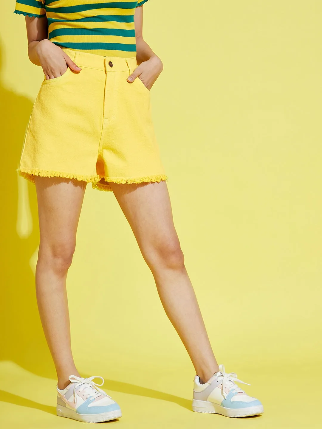 Girls Mustard Raw Hem Denim Shorts