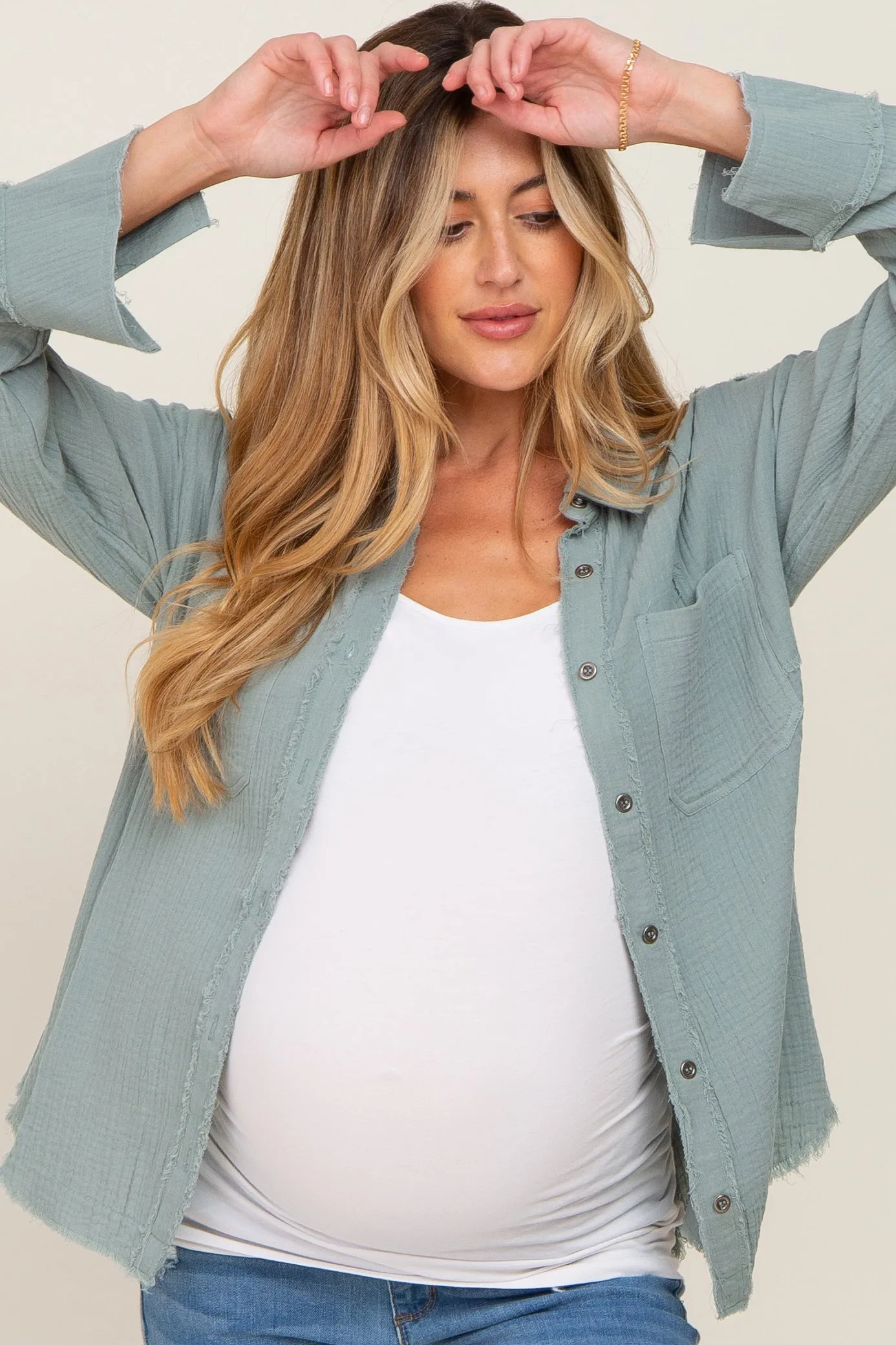 Green Button Down Collared Frayed Maternity Top