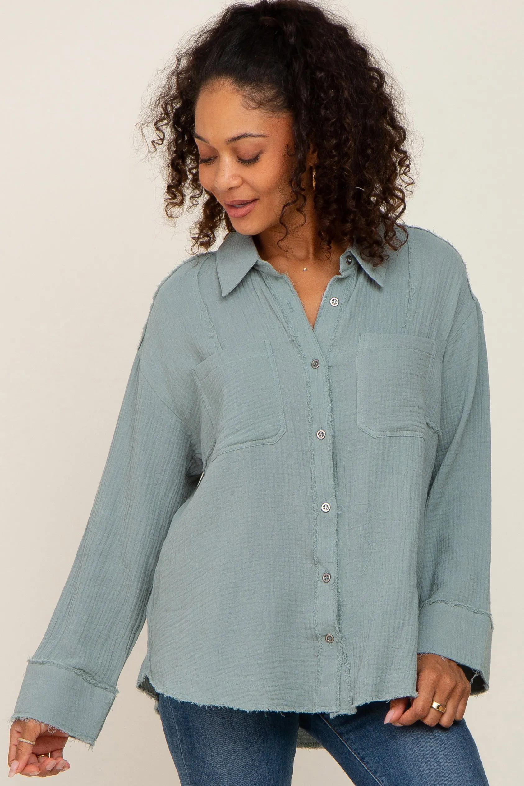 Green Button Down Collared Frayed Maternity Top