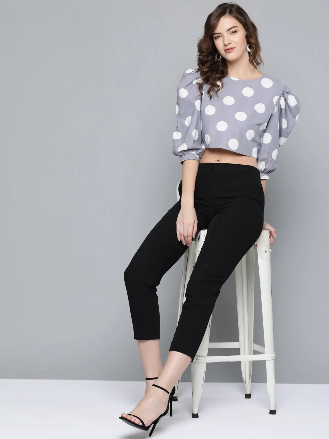 Grey & White Polka Puff Sleeve Crop Top