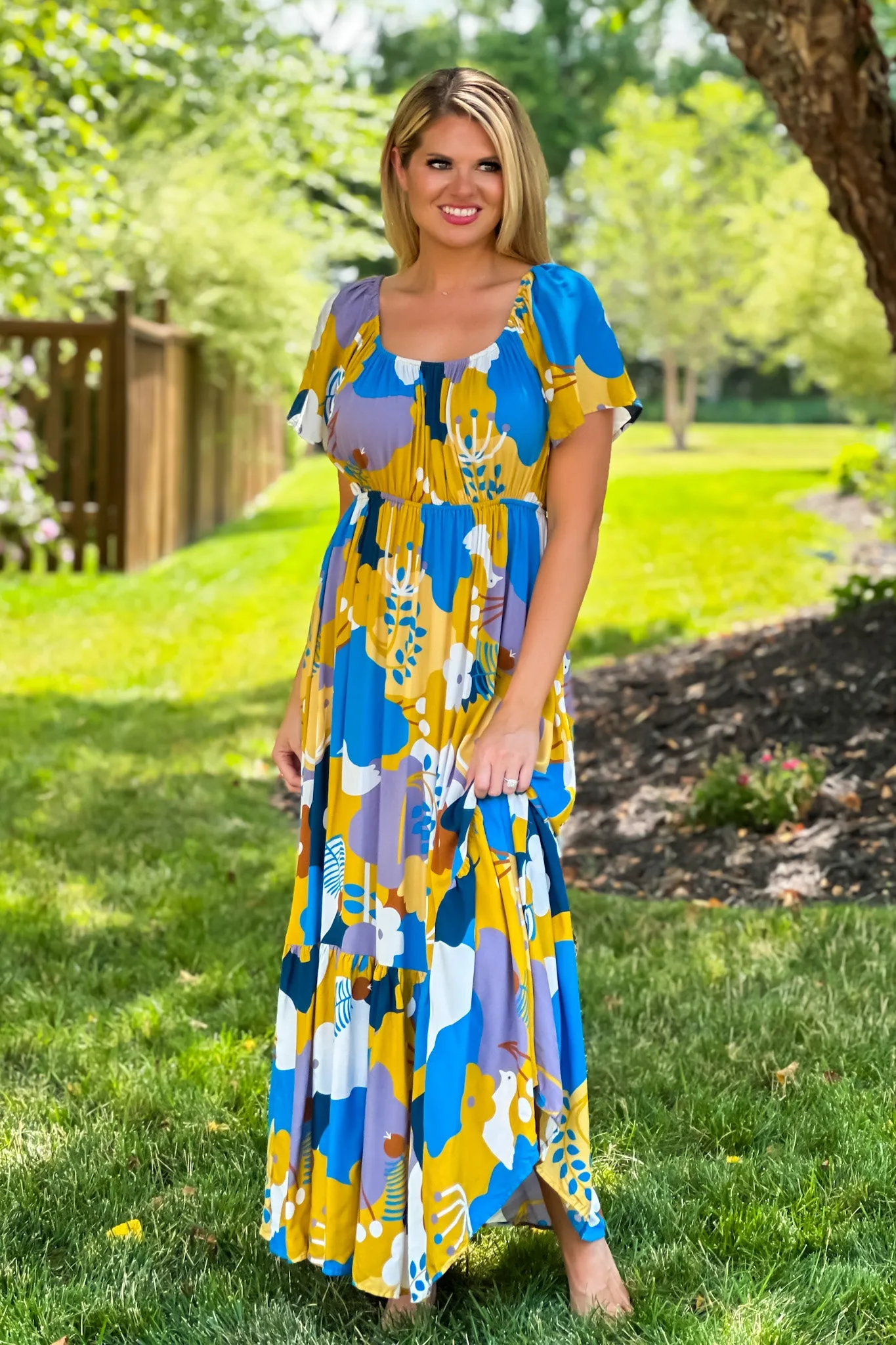 I Think I Love You Flutter Sleeve Maxi Dress : Peacock Blue/Mustard