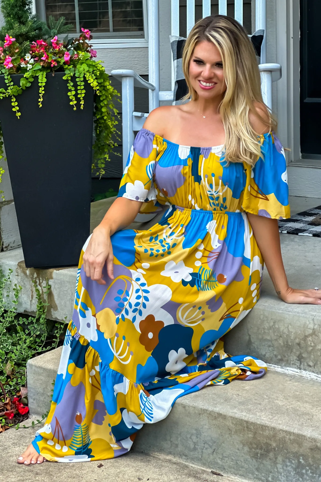 I Think I Love You Flutter Sleeve Maxi Dress : Peacock Blue/Mustard