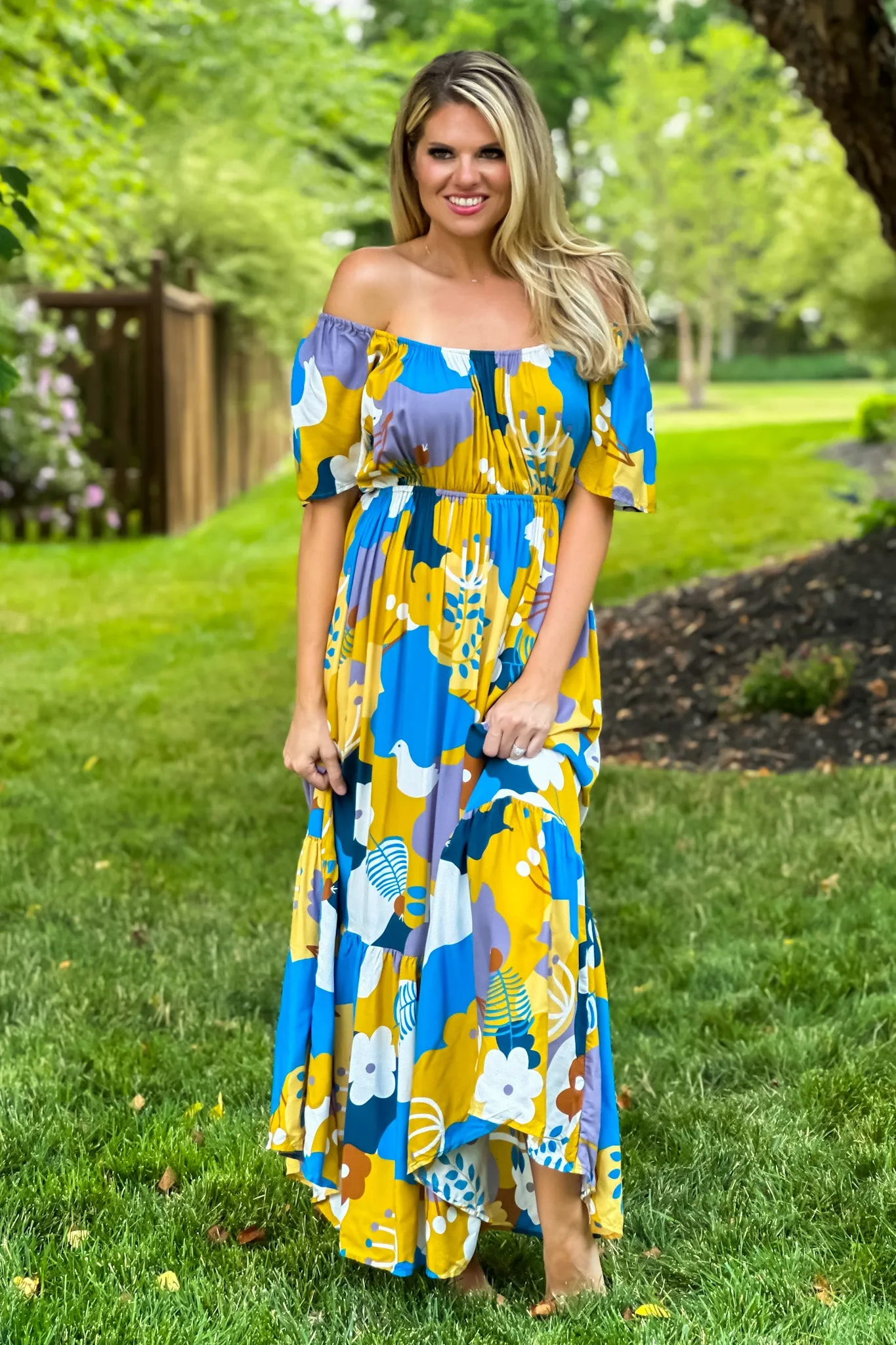 I Think I Love You Flutter Sleeve Maxi Dress : Peacock Blue/Mustard