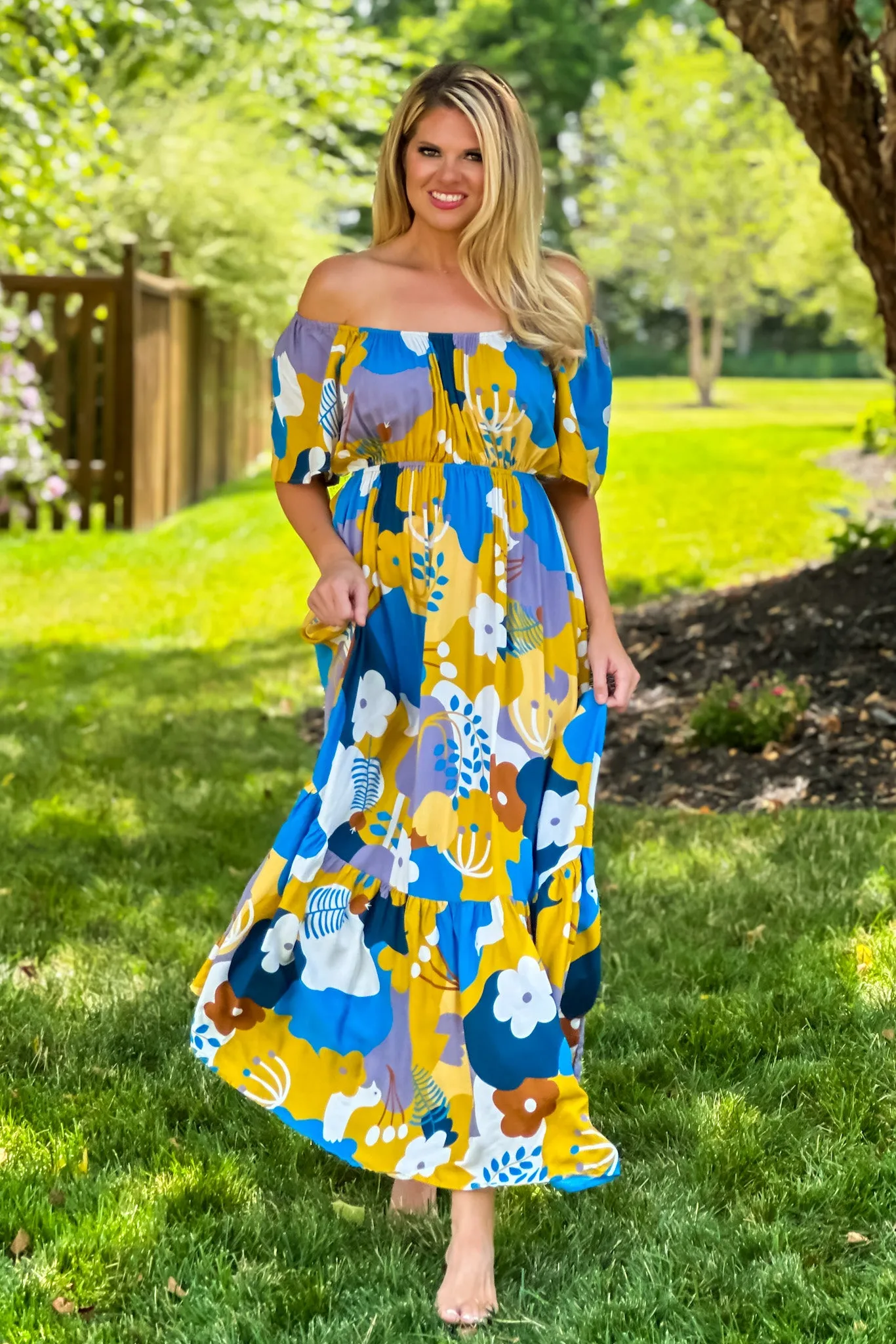 I Think I Love You Flutter Sleeve Maxi Dress : Peacock Blue/Mustard