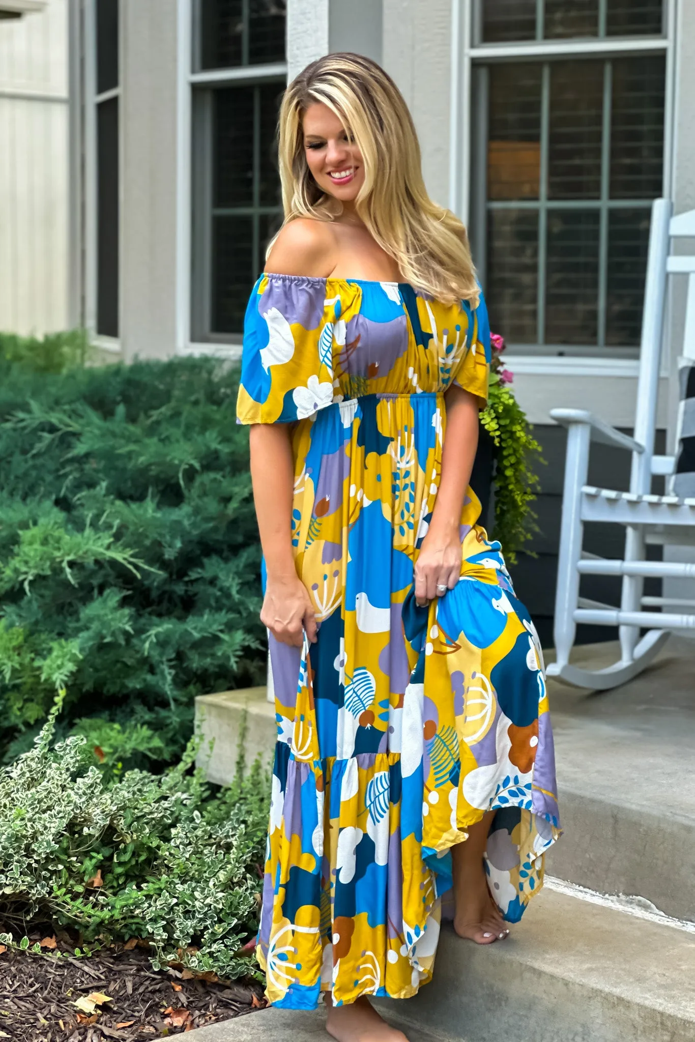 I Think I Love You Flutter Sleeve Maxi Dress : Peacock Blue/Mustard