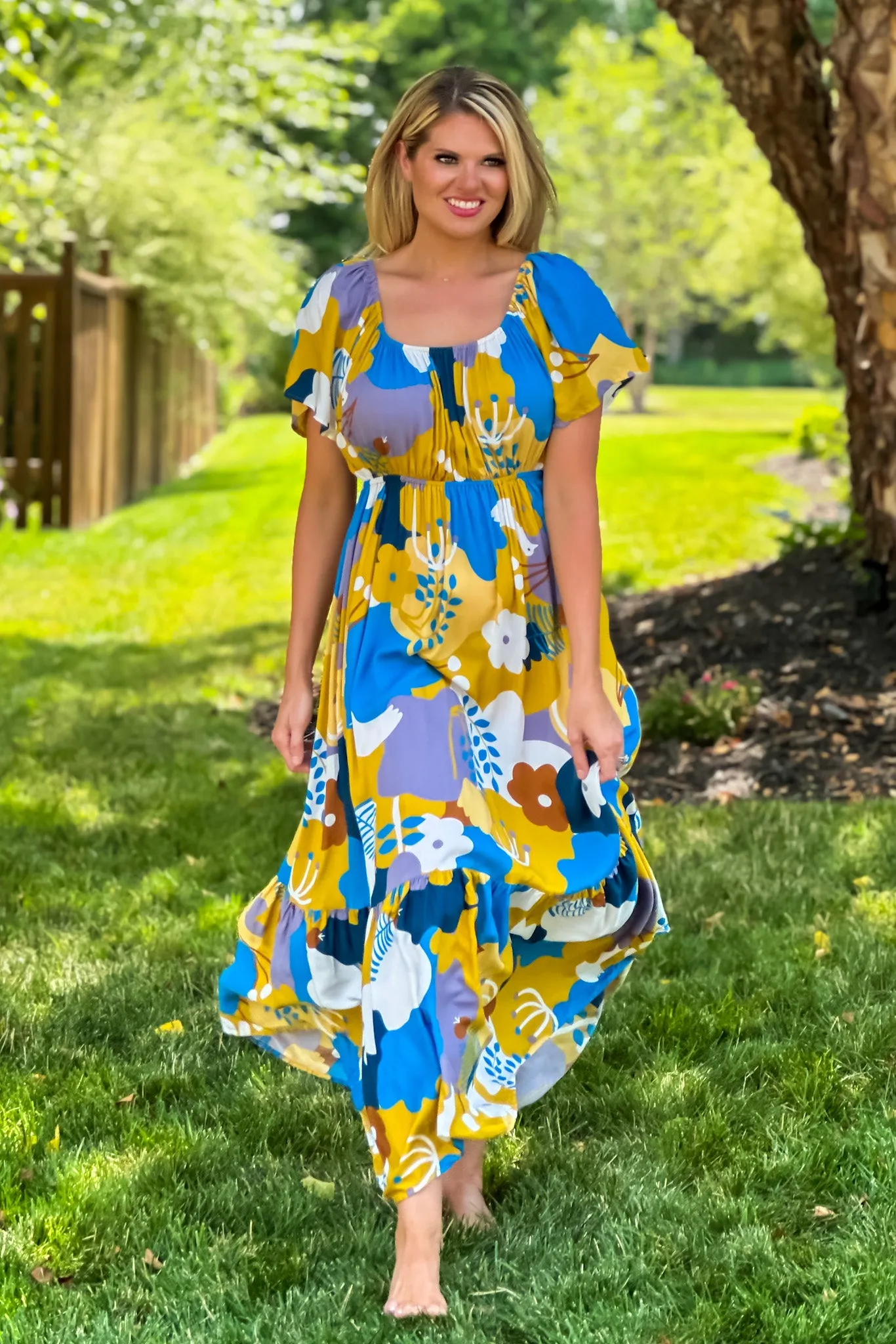 I Think I Love You Flutter Sleeve Maxi Dress : Peacock Blue/Mustard