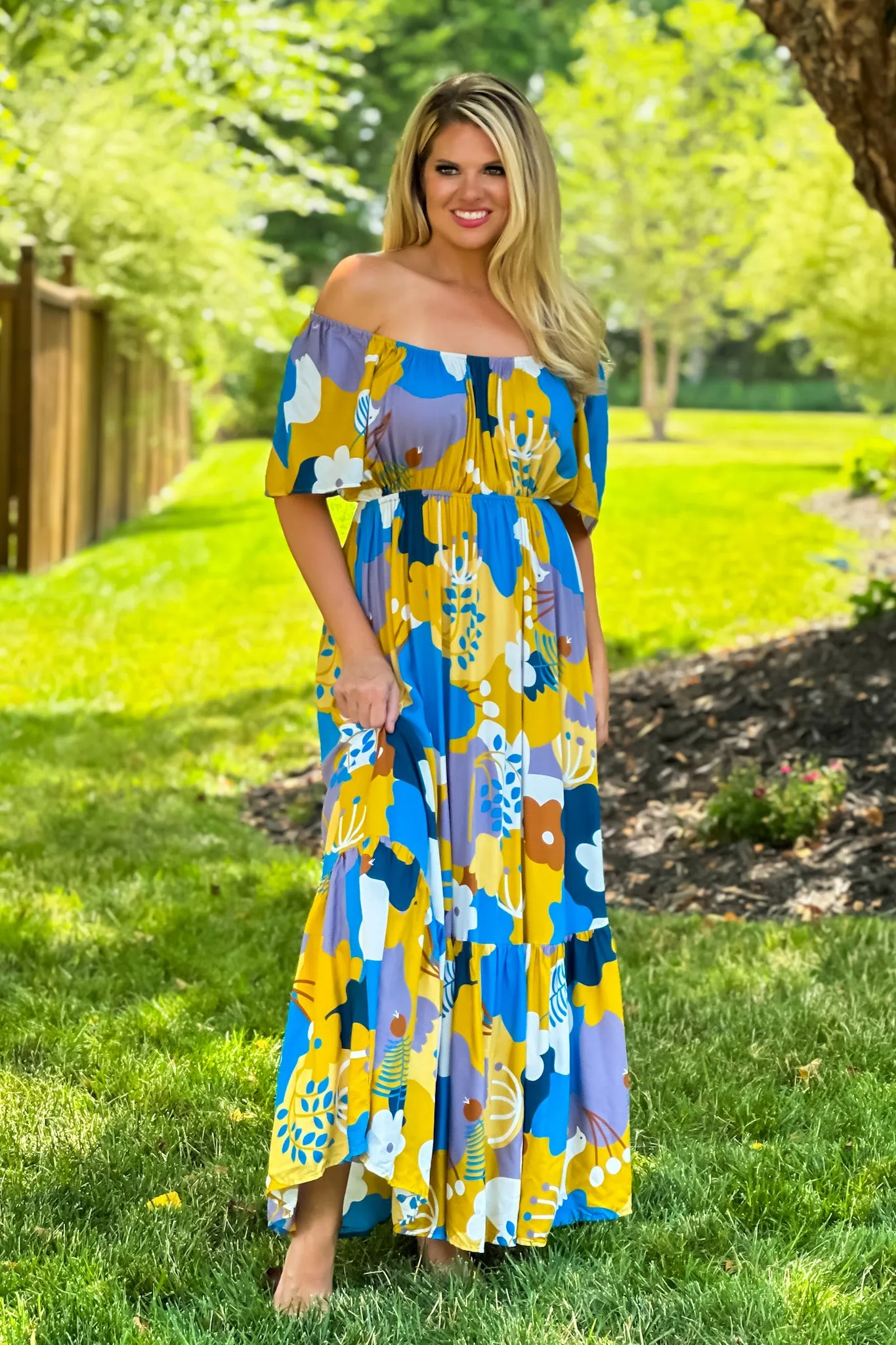 I Think I Love You Flutter Sleeve Maxi Dress : Peacock Blue/Mustard