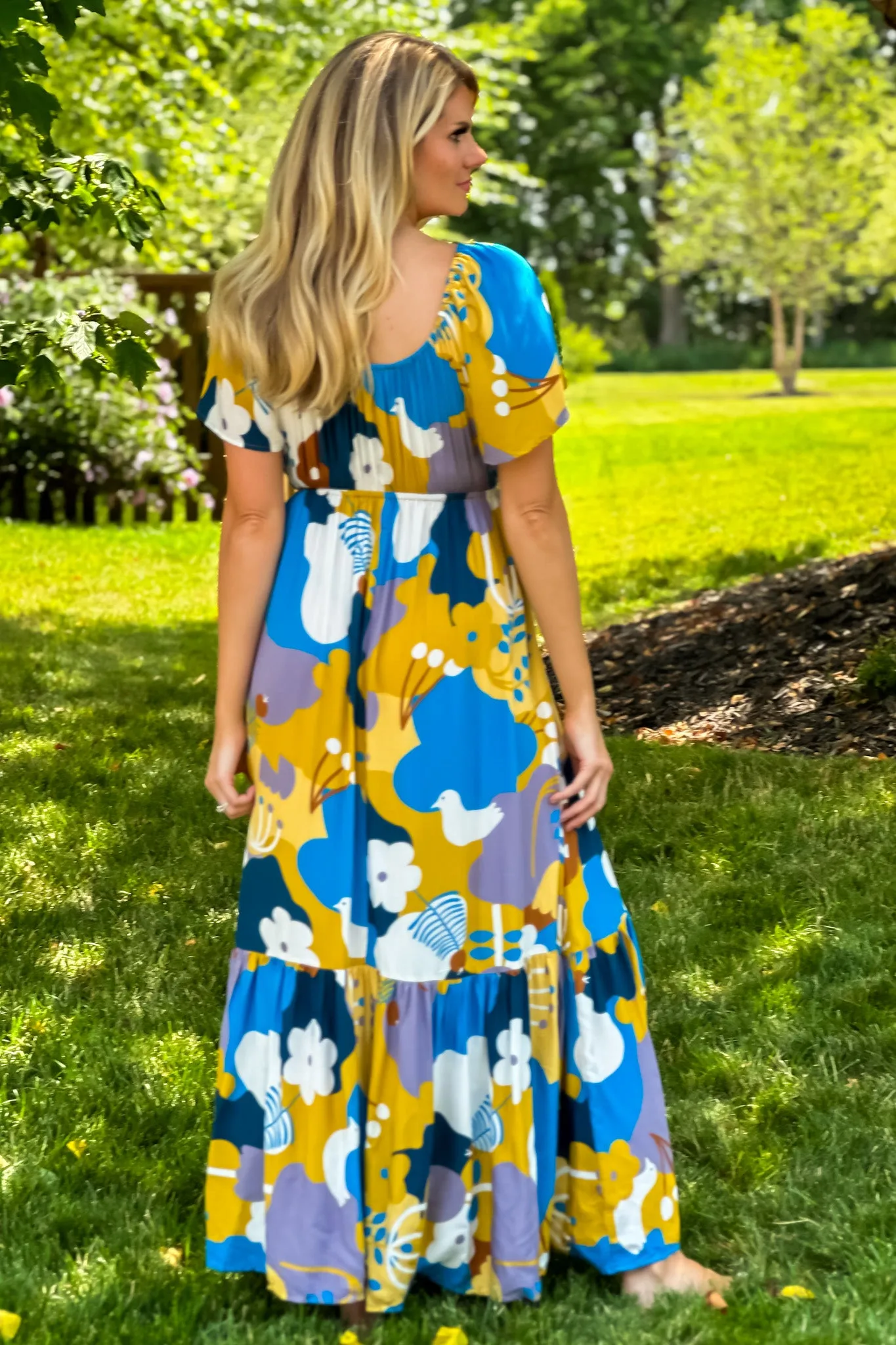 I Think I Love You Flutter Sleeve Maxi Dress : Peacock Blue/Mustard