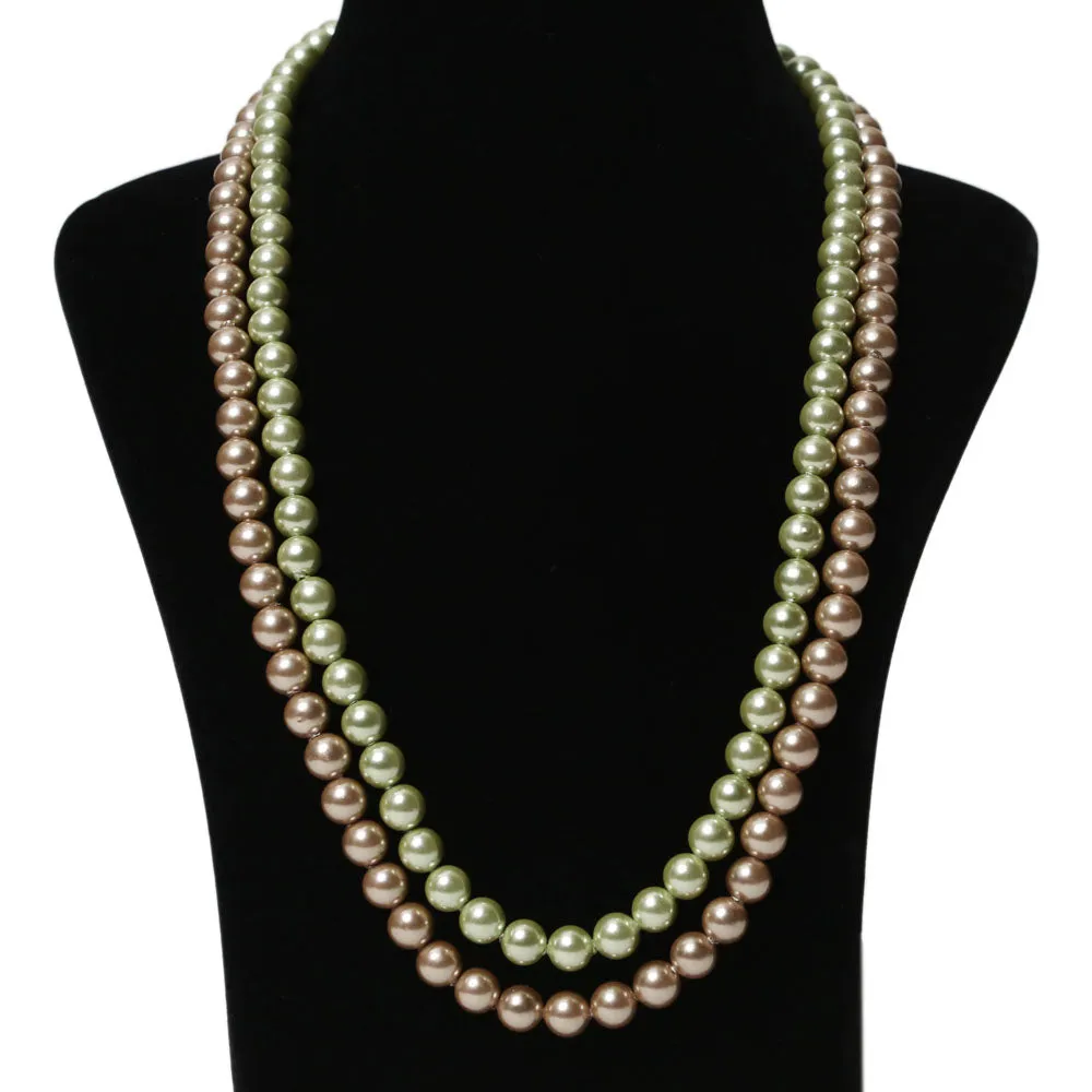 Imeora Green Chocolate 8mm Double Line Shell Pearl Necklace With 10mm Green Shell Pearl Studs