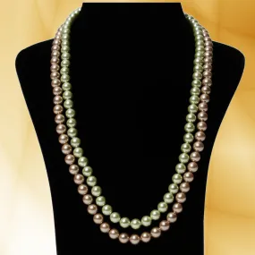 Imeora Green Chocolate 8mm Double Line Shell Pearl Necklace With 10mm Green Shell Pearl Studs