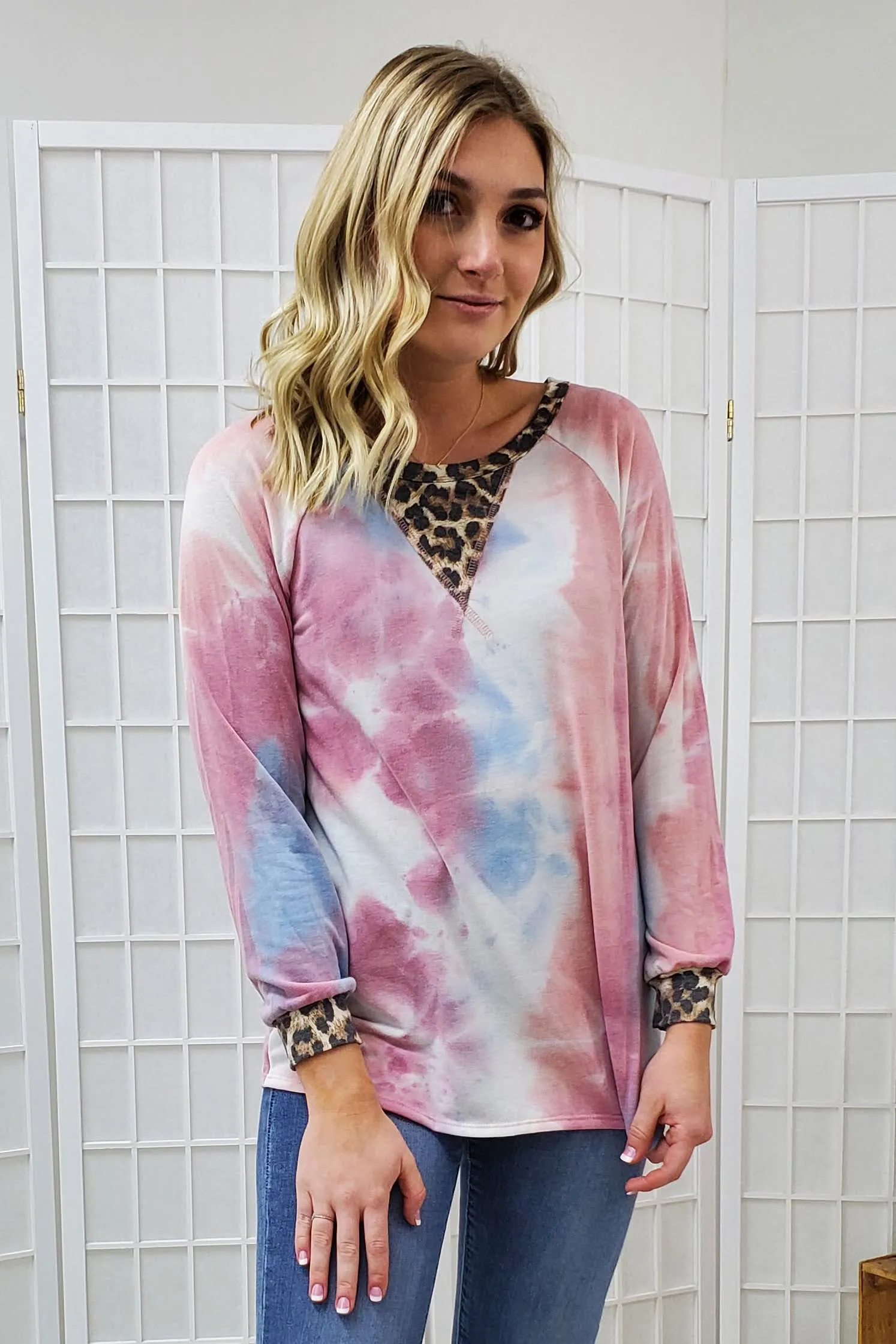 Indy Leopard Trim Tie Dye Top