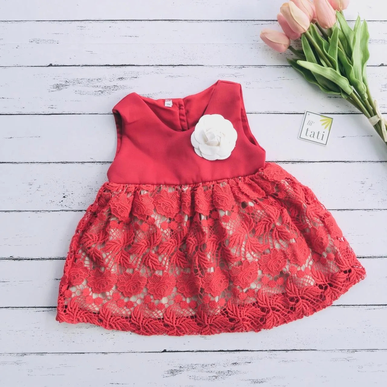 Iris Dress in Red Neoprene and Red Floral Lace