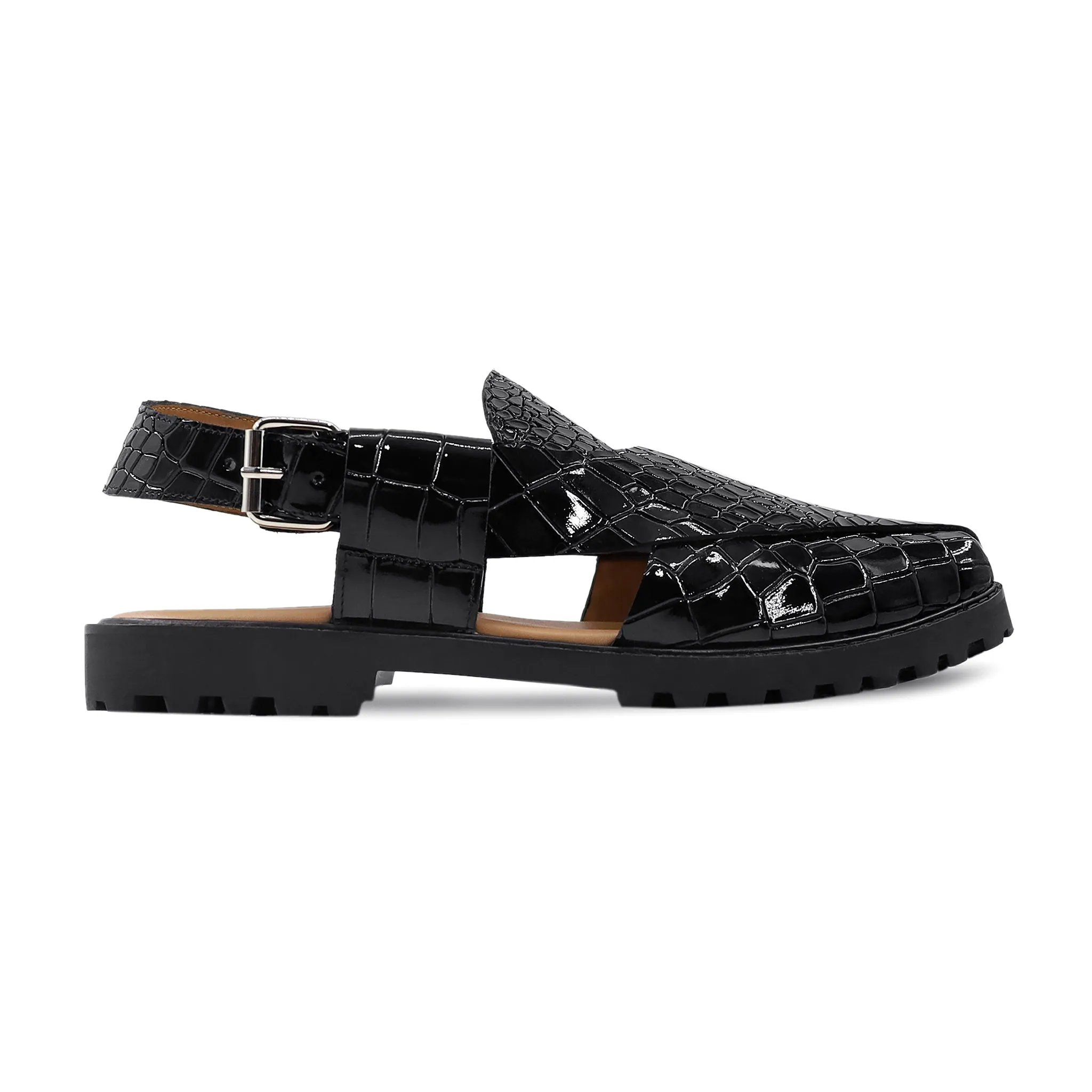 Joiner - Men's Black Crocodile Printed Patent Leather Sandal