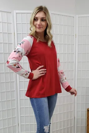 Julia Red Floral Striped Sleeve Top