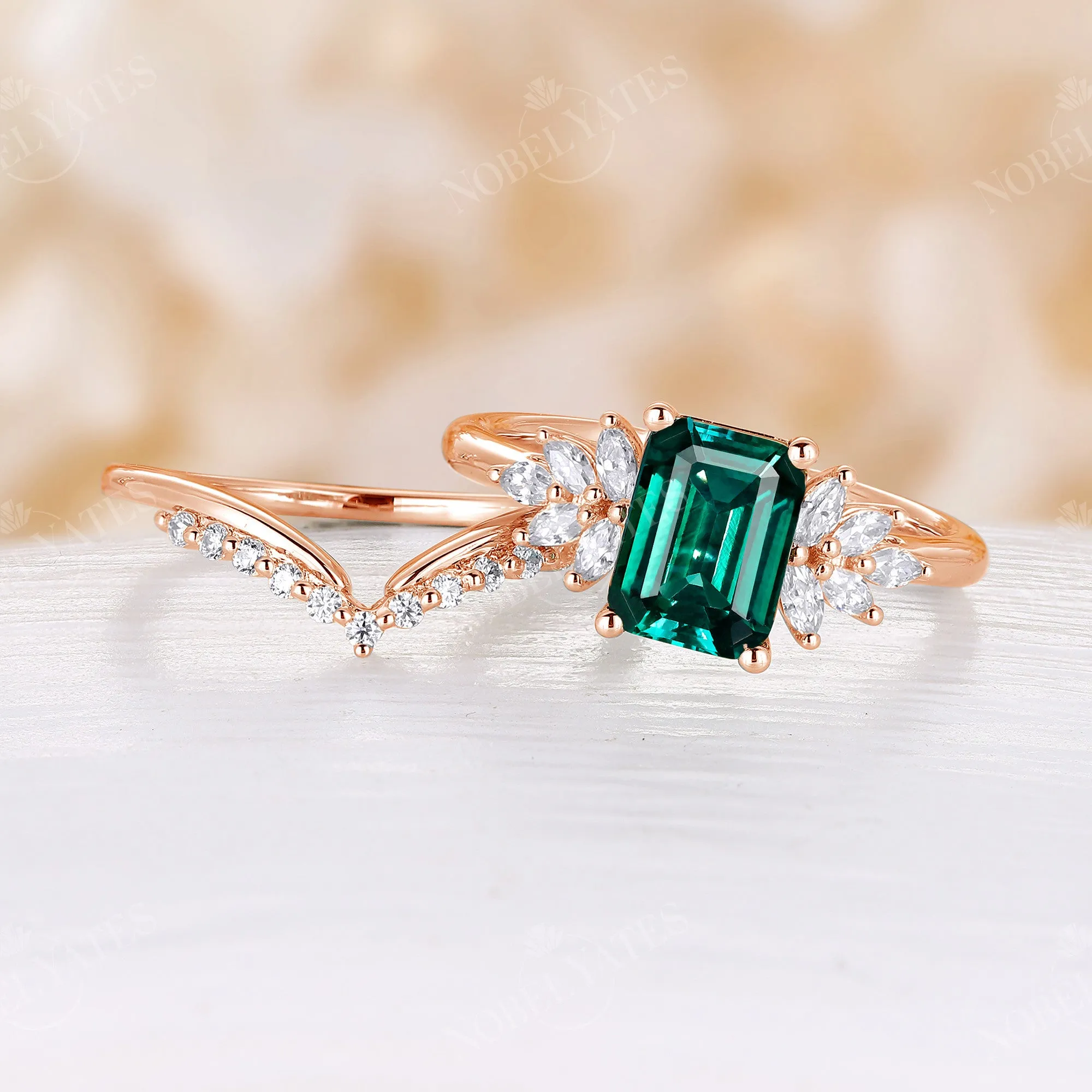 Lab Emerald & Moissanite Cluster Engagement Ring Set Rose Gold