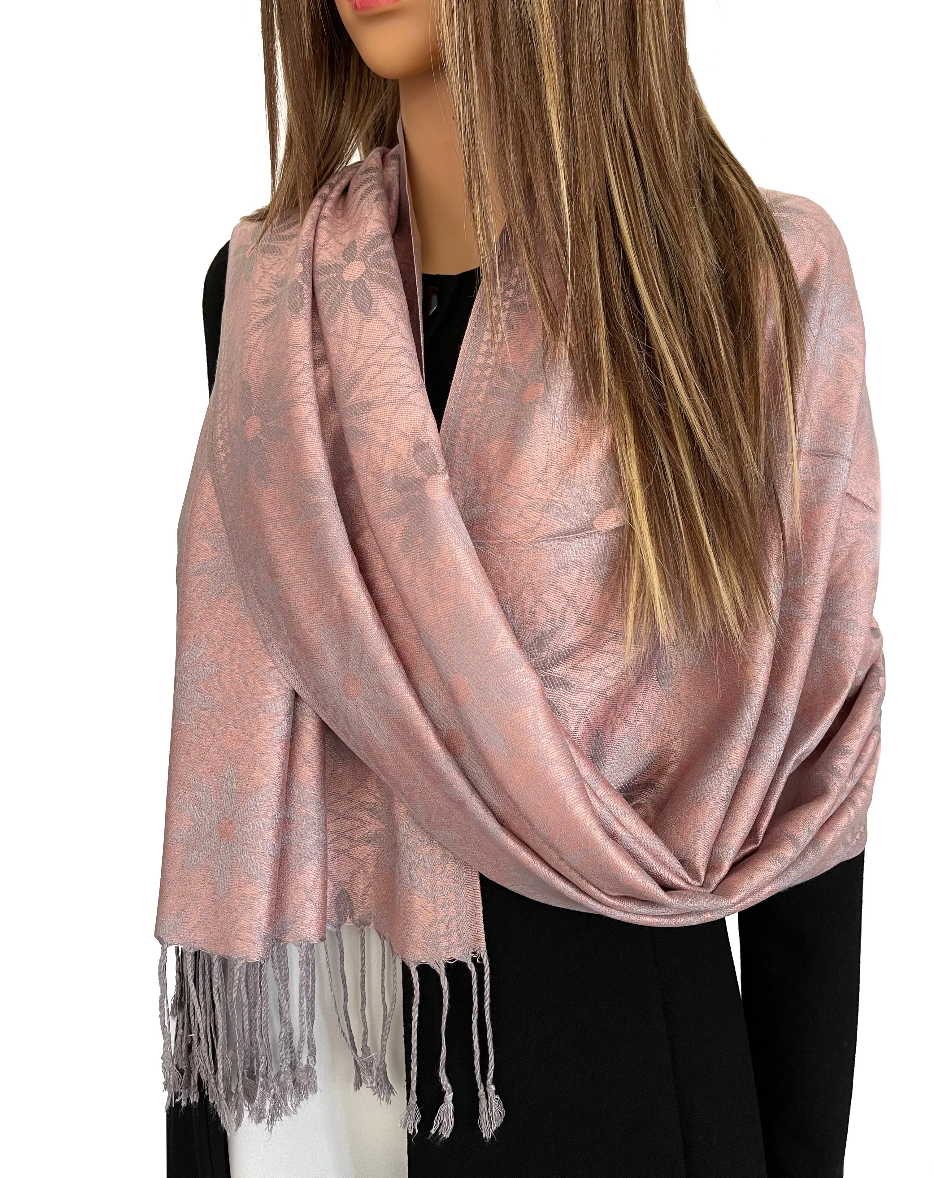 LARGE ROSE GOLD FLORAL DAISY PRINT GEOMETRIC REVERSIBLE PASHMINA SHAWL SCARF