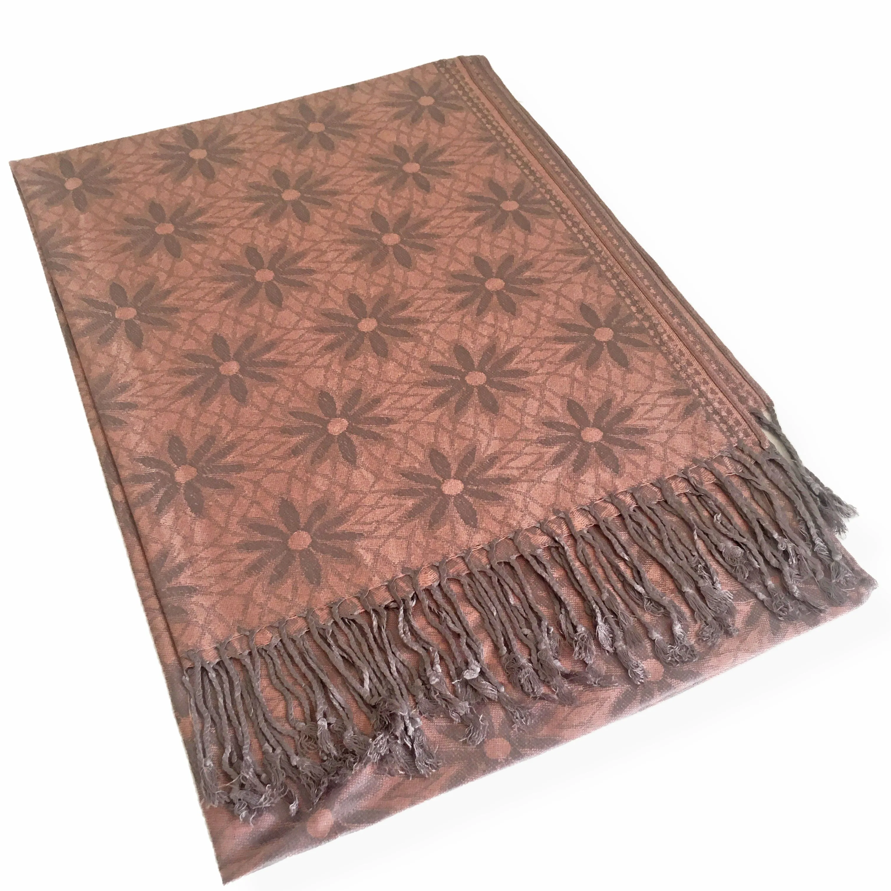 LARGE ROSE GOLD FLORAL DAISY PRINT GEOMETRIC REVERSIBLE PASHMINA SHAWL SCARF