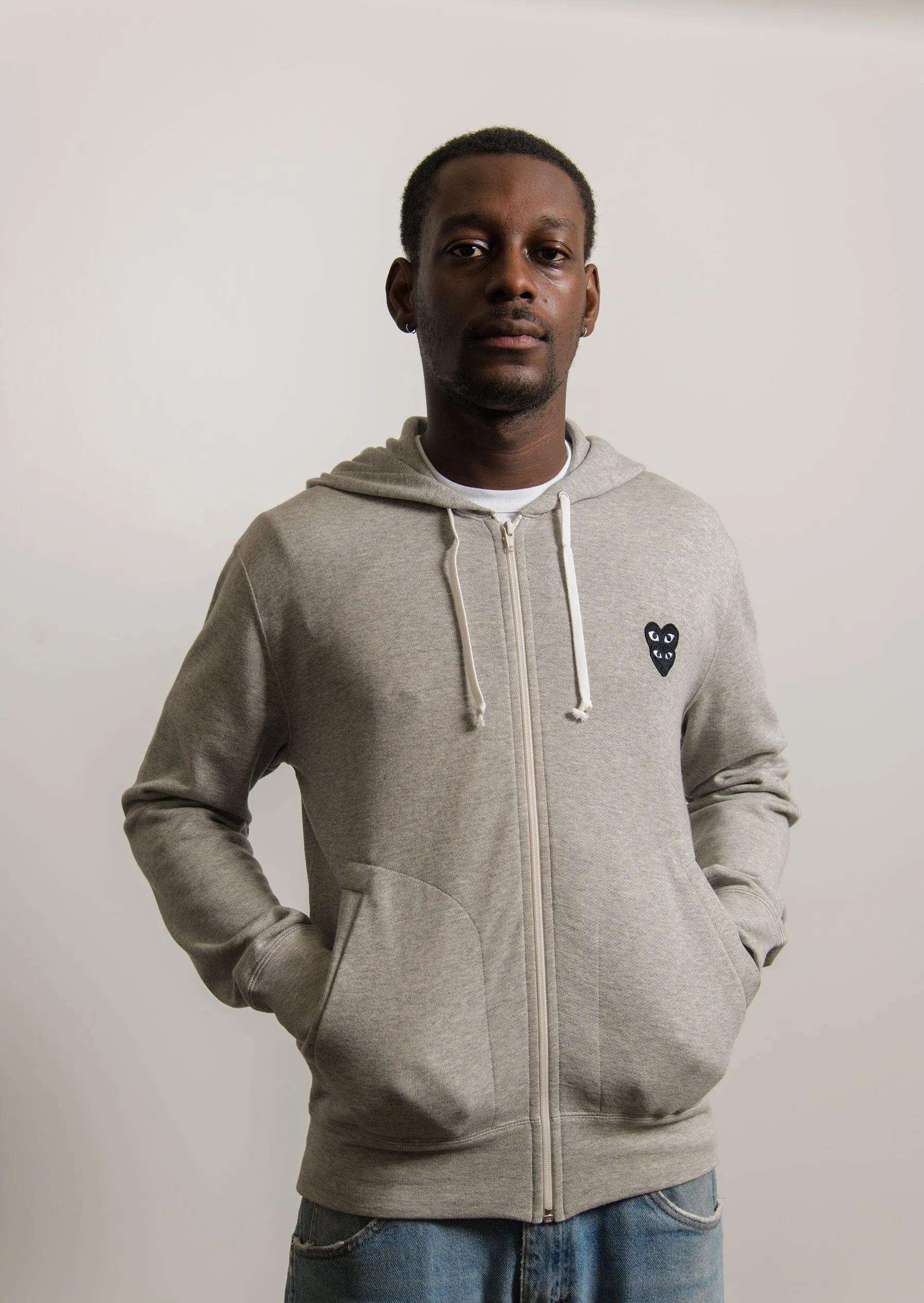 Layered Double Emblem Zip Hoodie Grey/Black T302