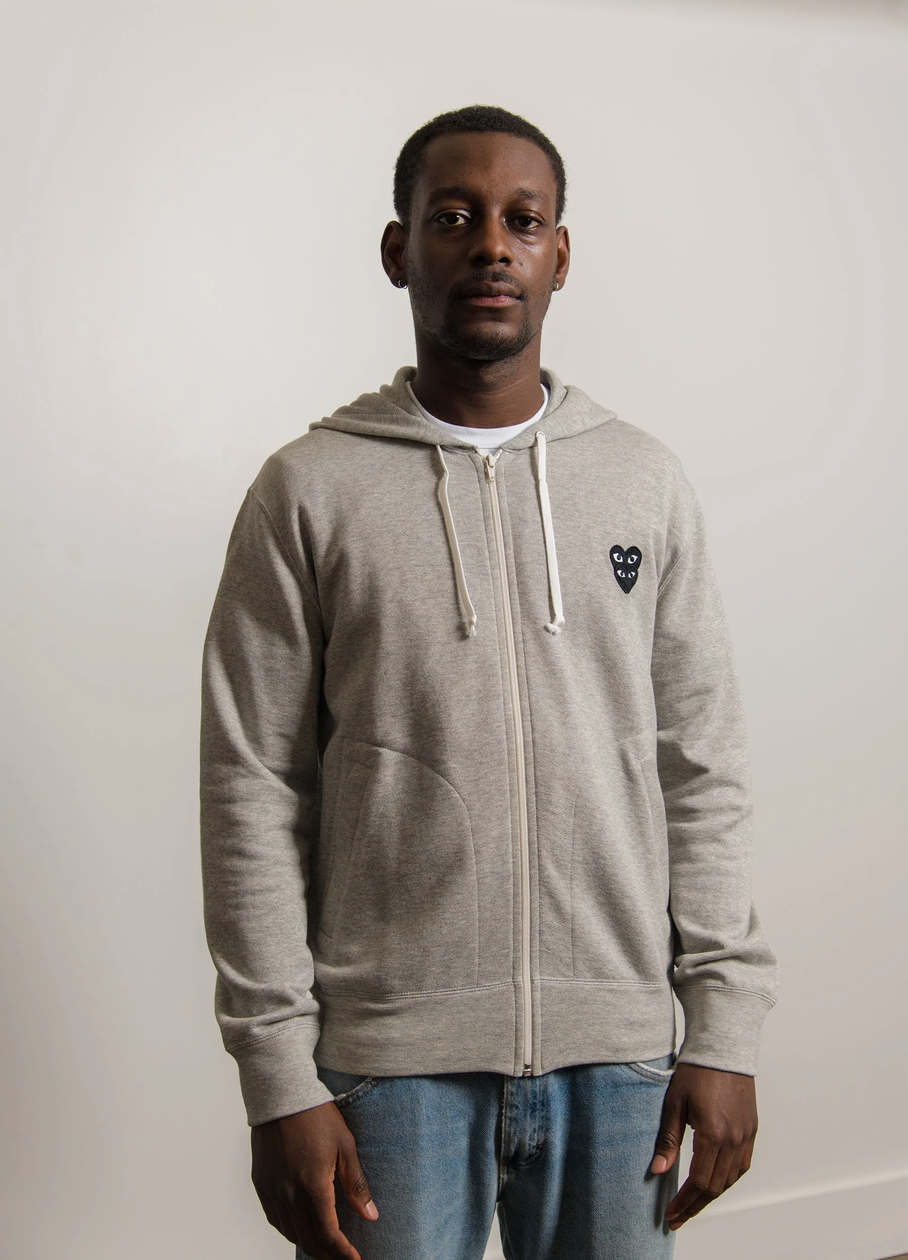 Layered Double Emblem Zip Hoodie Grey/Black T302