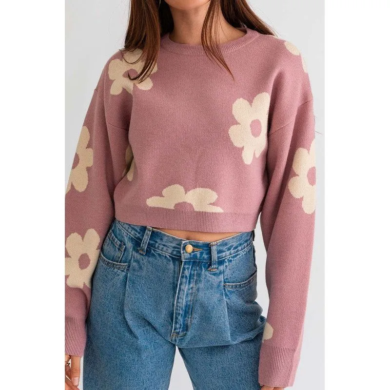 LONG SLEEVE CROP SWEATER WITH DAISY PATTERN