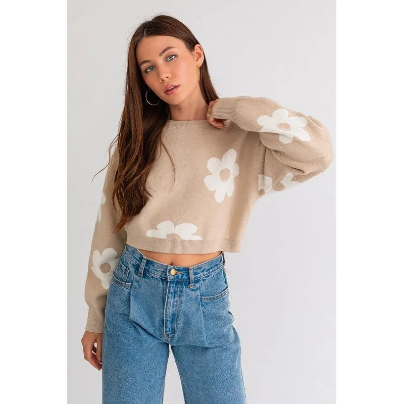 LONG SLEEVE CROP SWEATER WITH DAISY PATTERN