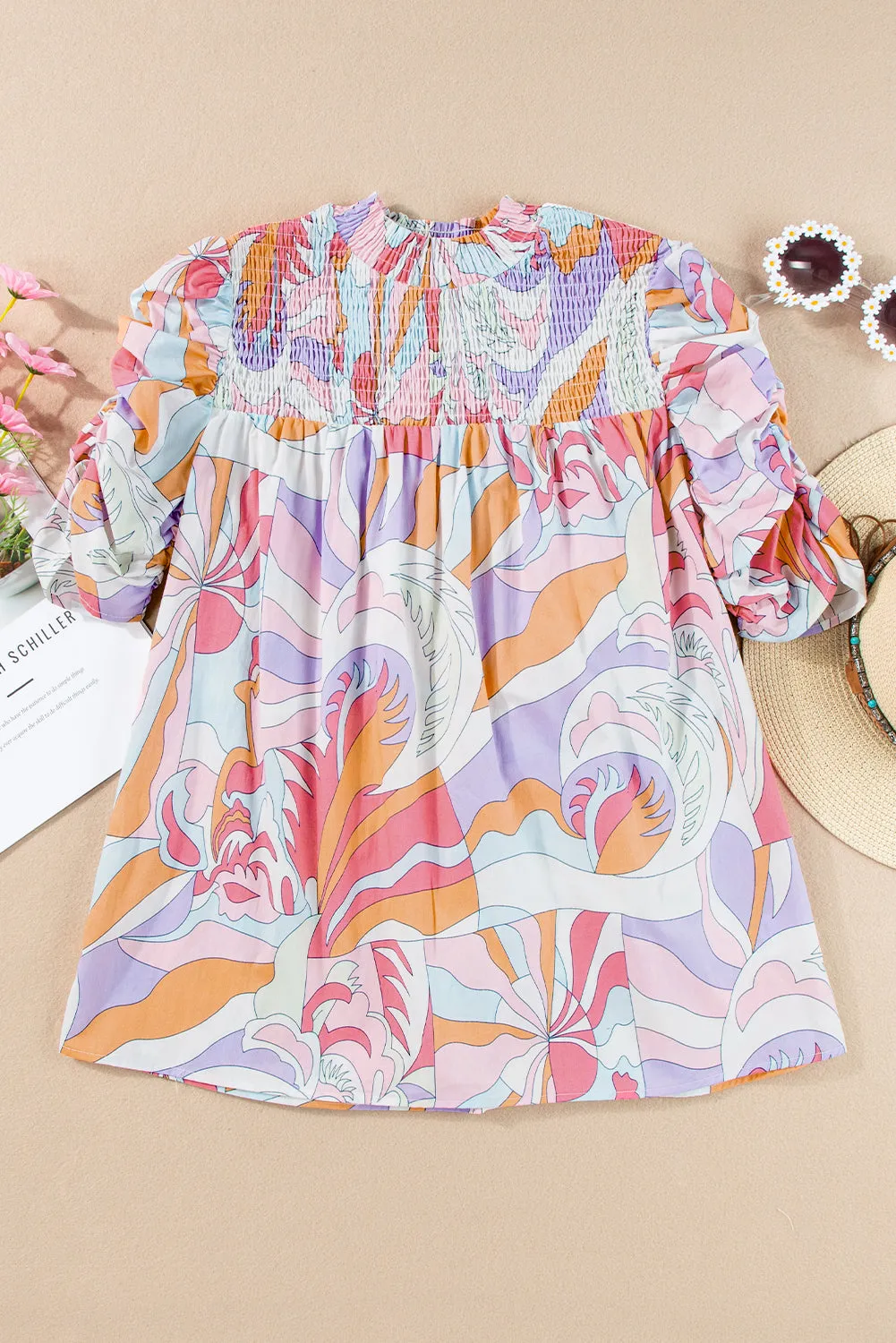 Pink Abstract Print Bubble Sleeve Smock Detail Blouse