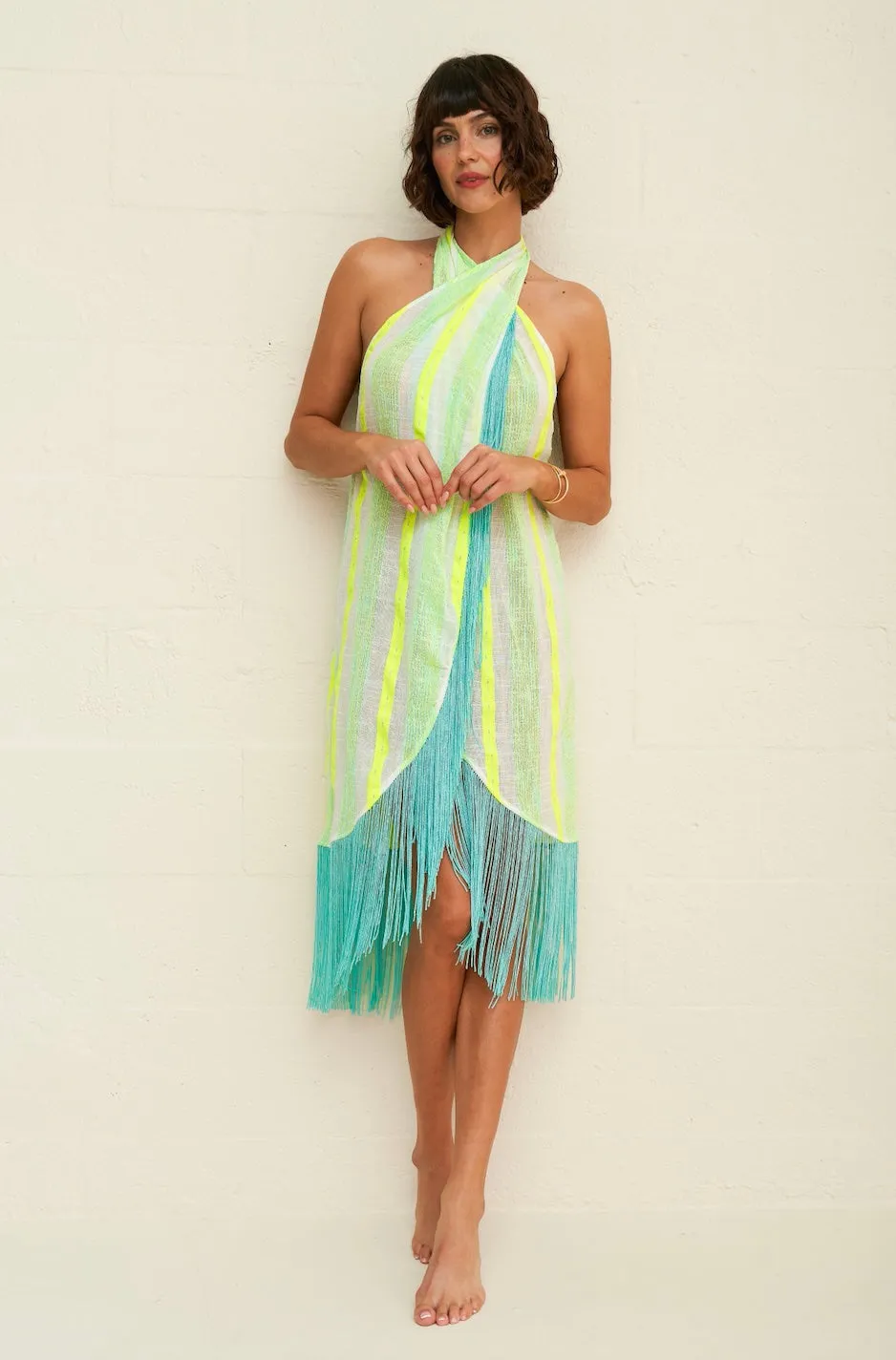 Pitusa - Fringed Crossover Dress - Neon Yellow