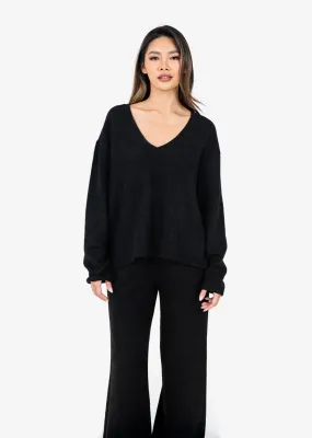 Rib Knit Lounge V-Neck LS Top Black