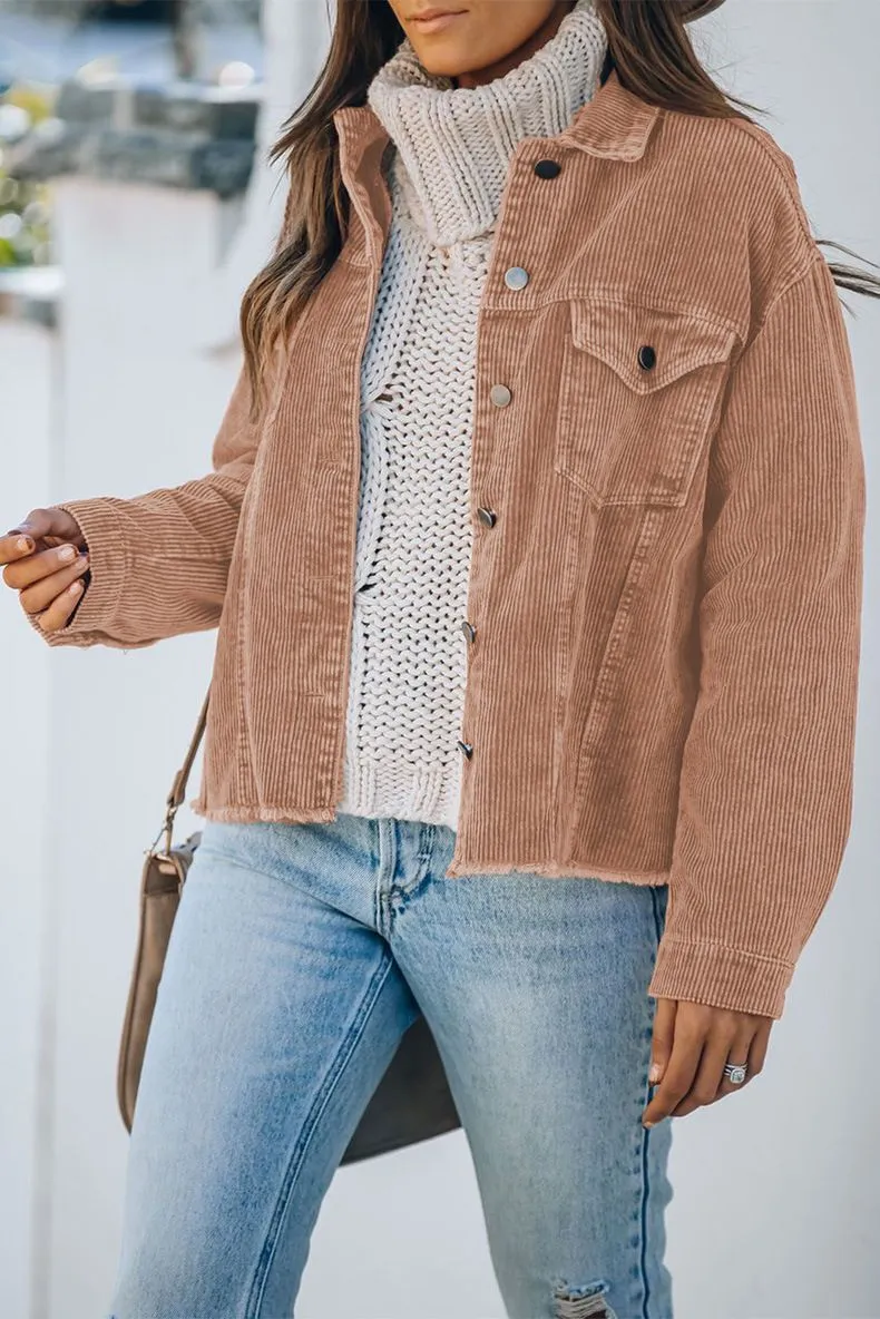 Ripped Hem Oversized Tan Corduroy Trucker Jacket Best Winter Cord Coat Womens