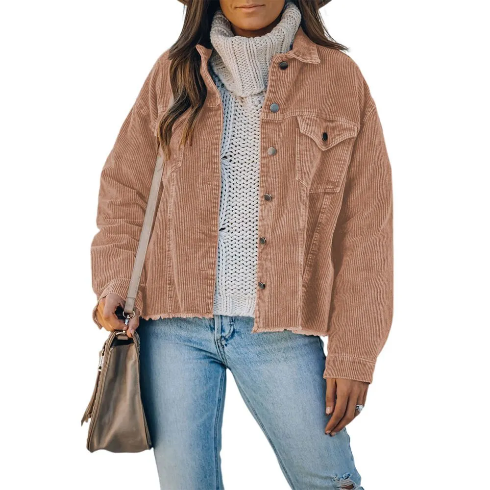 Ripped Hem Oversized Tan Corduroy Trucker Jacket Best Winter Cord Coat Womens