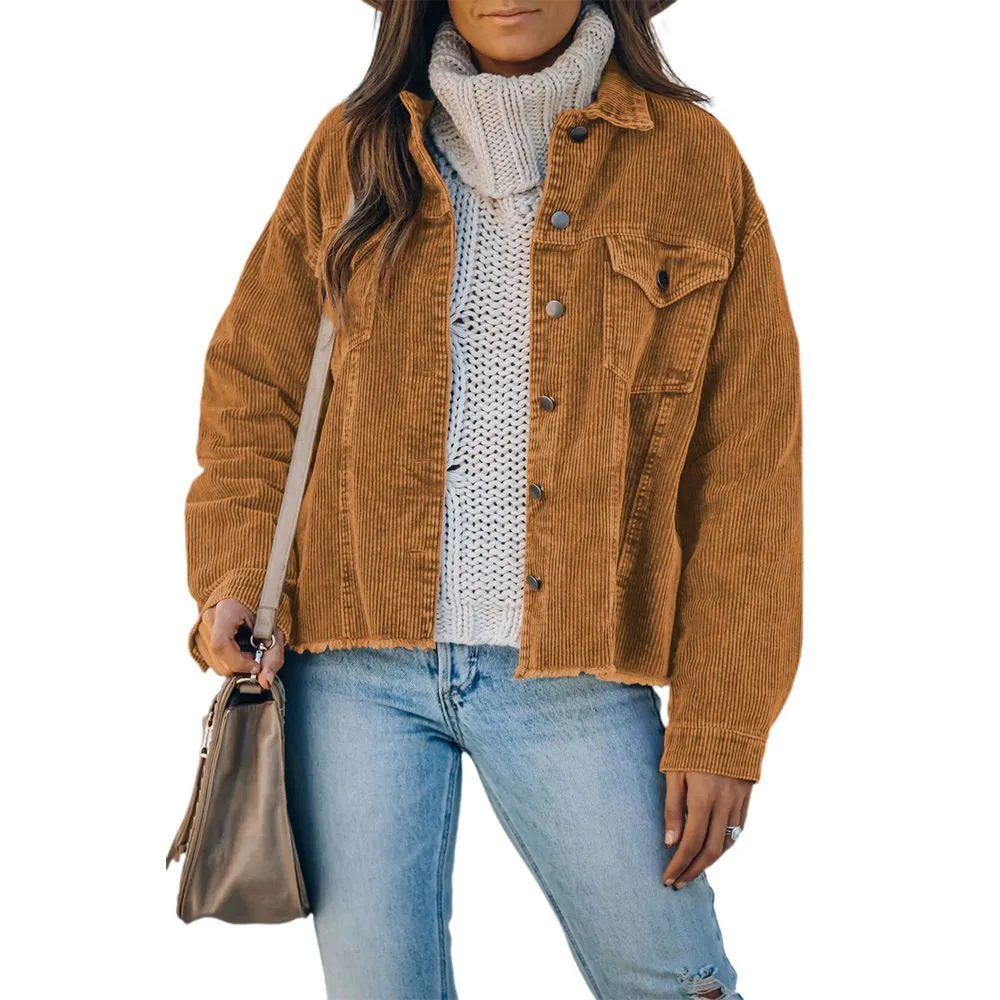 Ripped Hem Oversized Tan Corduroy Trucker Jacket Best Winter Cord Coat Womens